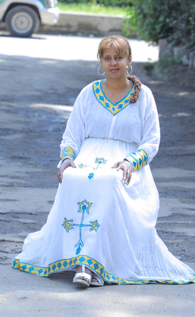 Habesha Dress with Yellow and Green Tilet