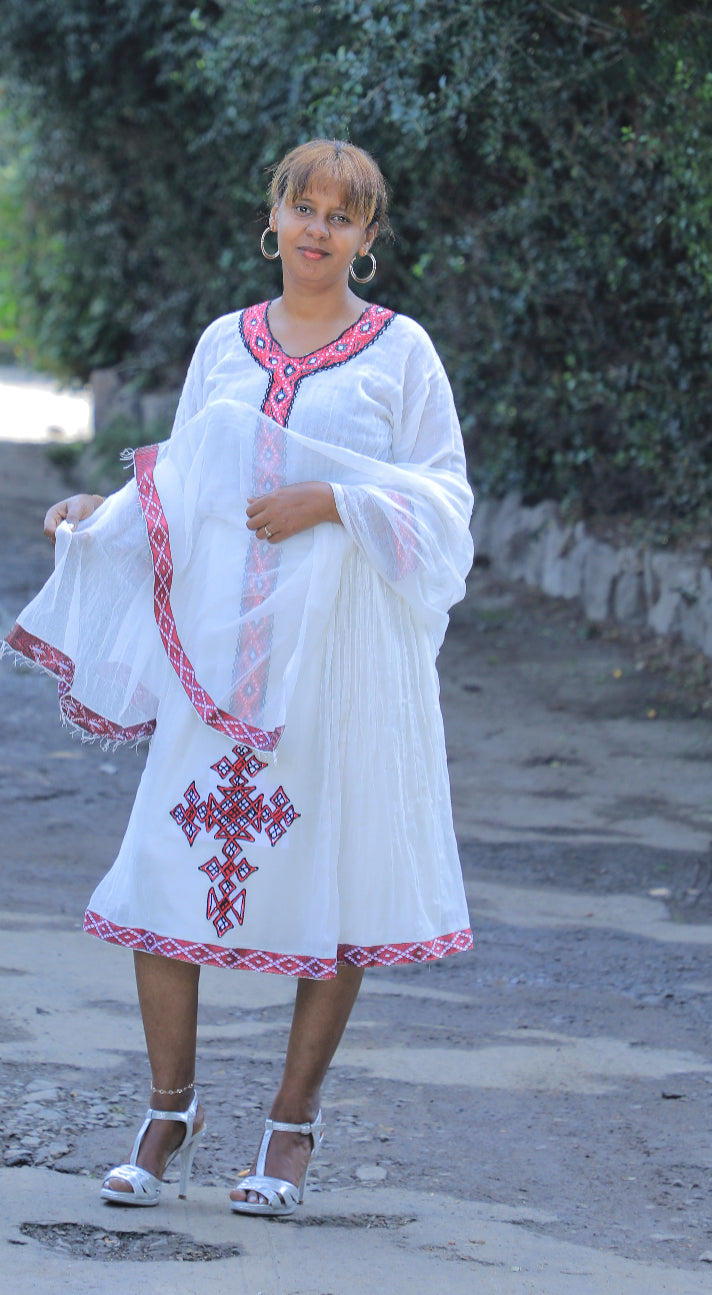 Traditional Short Habesha Dress with Red Tilet