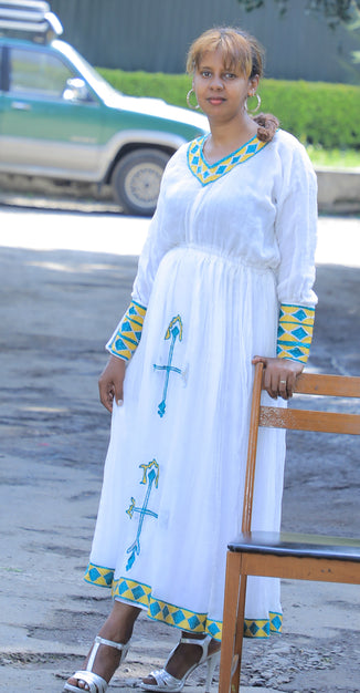 Habesha Dress with Yellow and Green Tilet