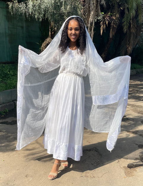 Habesha Dress with Nech be Nech Tilet (ሐገር ልብስ) “Meskel”