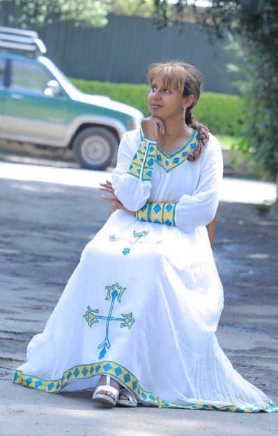 Habesha Dress with Yellow and Green Tilet