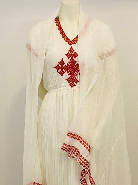 “ Amy” Traditional Habesha Dress with Red Tilet  (የሐገር ልብስ)