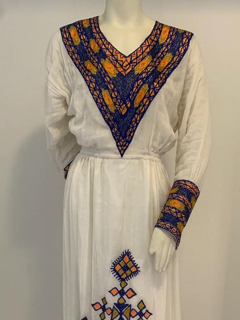 “Ariam” Traditional Habesha Dress with Orange And Blue Tilet