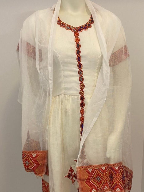 Habesha Dress with Red Tilet  (የሐገር ልብስ) “Yeshi”