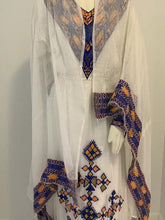 Load image into Gallery viewer, “Ariam” Traditional Habesha Dress with Orange And Blue Tilet
