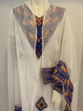 Load image into Gallery viewer, “Ariam” Traditional Habesha Dress with Orange And Blue Tilet
