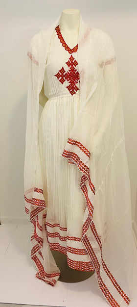 “ Amy” Traditional Habesha Dress with Red Tilet  (የሐገር ልብስ)