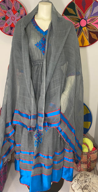 Hand woven cotton grey habesha dress with pink Tilet