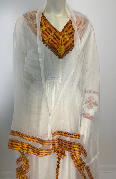 Habesha Dress with Brown and Orange Tilet  (የሐገር ልብስ) “Melat”