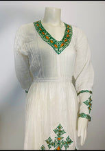 Load image into Gallery viewer, Habesha Dress with Green and Orange Tilet (የሐገር ልብስ) “Rahel”
