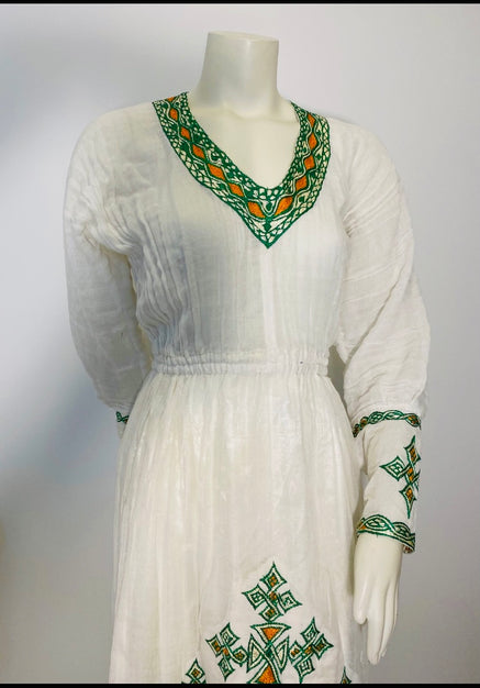 Habesha Dress with Green and Orange Tilet (የሐገር ልብስ) “Rahel”