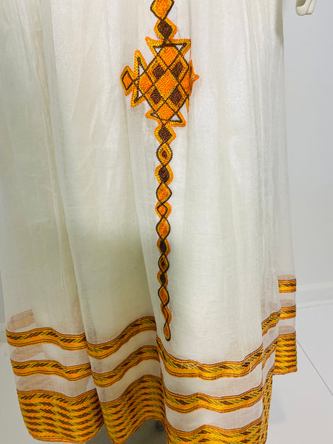 Habesha Dress with Brown and Orange Tilet  (የሐገር ልብስ) “Melat”