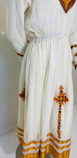 Habesha Dress with Brown and Orange Tilet  (የሐገር ልብስ) “Melat”