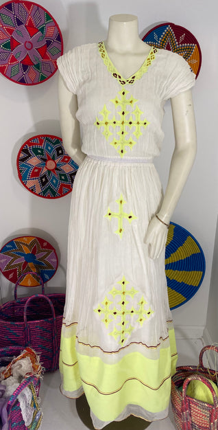 Habesha Dress with Neon Yellow Tilet  (የሐገር ልብስ)”Mame”