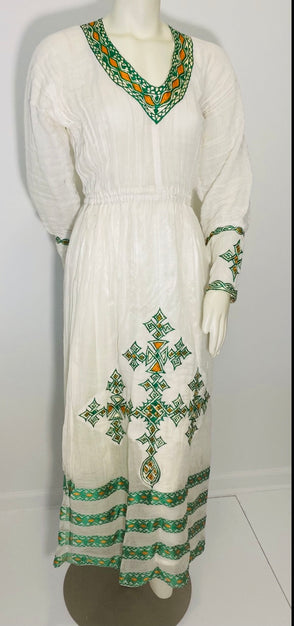 Habesha Dress with Green and Orange Tilet (የሐገር ልብስ) “Rahel”