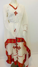 Load image into Gallery viewer, Habesha Dress with Red and Gold Tilet
