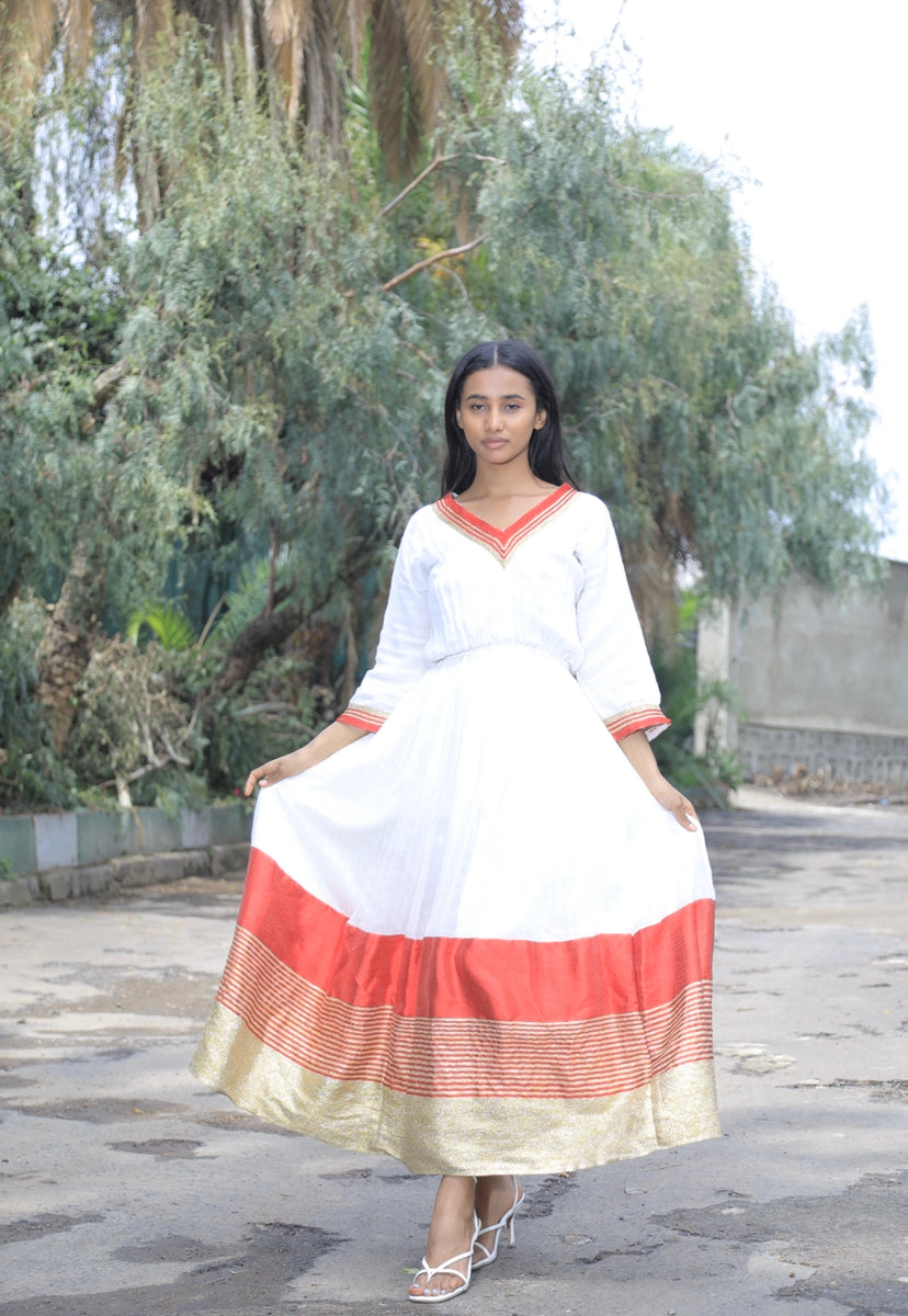 Habesha dress with gold and red Tilet “Hulu 1”