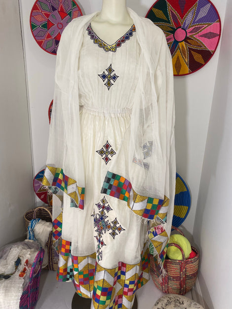 Habesha Dress with Multi Color Tilet (ሐገር ልብስ) “Hiwot”