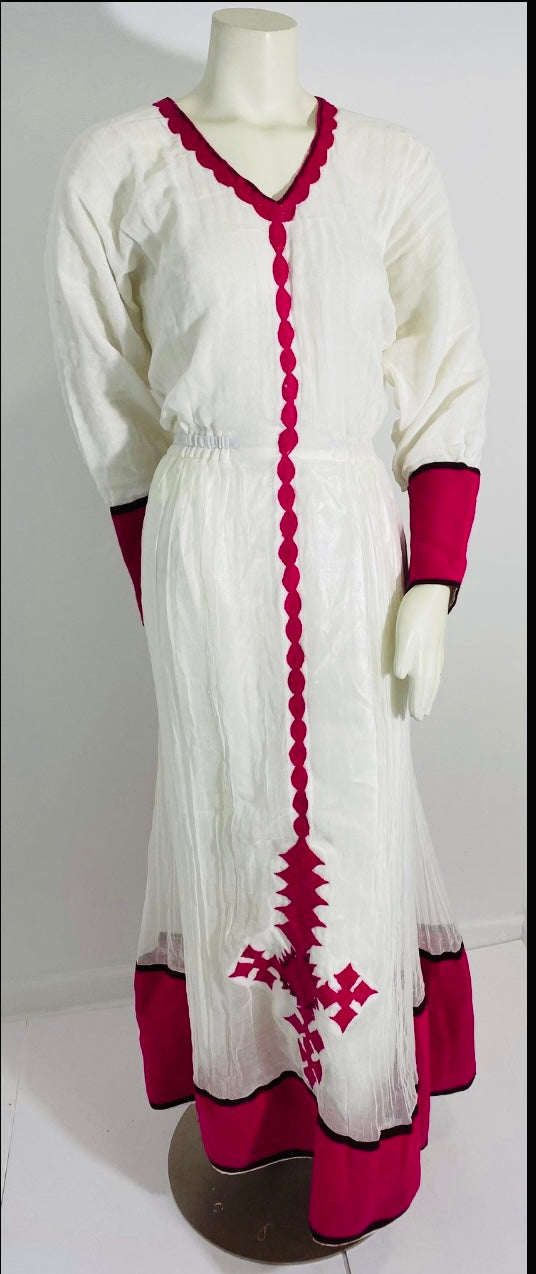 Habesha Dress with Pink Tilet  (የሐገር ልብስ) “Roza”