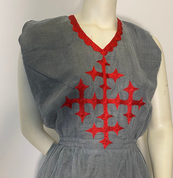 Habesha Dress with Grey menen and red Tilet  (የሐገር ልብስ)  “Mekdes”