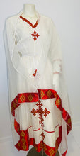 Load image into Gallery viewer, Habesha Dress with Red and Gold Tilet
