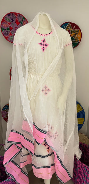 HABESHA DRESS with Pink tilet habesha kemis  (የሐገር ልብስ) “Roman”