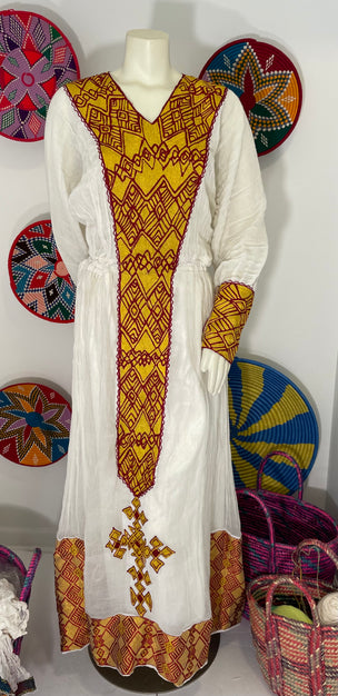 Burgundy and Gold Tilet Habesha Dress