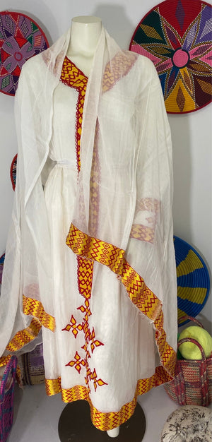 Habesha Dress with Red and Yellow Tilet (የሐገር ልብስ) “Agazy”