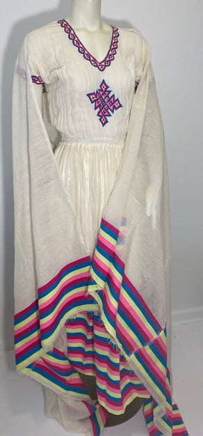 Habesha Dress with Multi Color Tilet  (የሐገር ልብስ) “Roman”