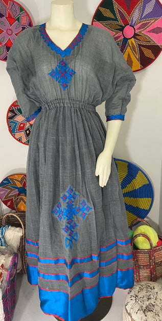 Hand woven cotton grey habesha dress with pink Tilet