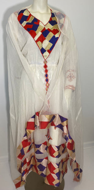 Habesha Dress with Multi color Tilet  (የሐገር ልብስ) “Beza”