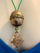 Load image into Gallery viewer, Coptic cross on a green leather cord
