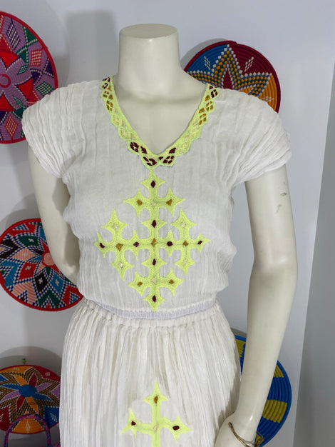 Habesha Dress with Neon Yellow Tilet  (የሐገር ልብስ)”Mame”