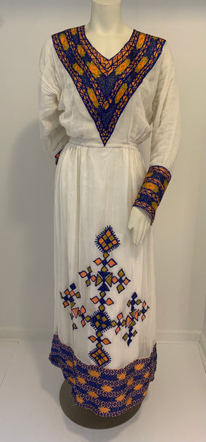 “Ariam” Traditional Habesha Dress with Orange And Blue Tilet