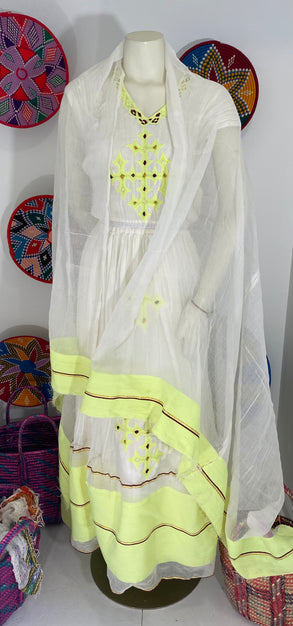 Habesha Dress with Neon Yellow Tilet  (የሐገር ልብስ)”Mame”