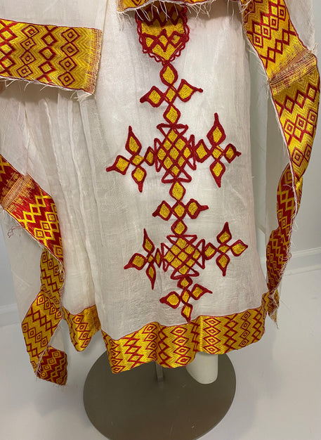 Habesha Dress with Red and Yellow Tilet (የሐገር ልብስ) “Agazy”