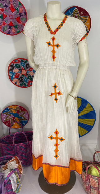 Habesha Dress with Orange Tilet  (የሐገር ልብስ) “Delina”