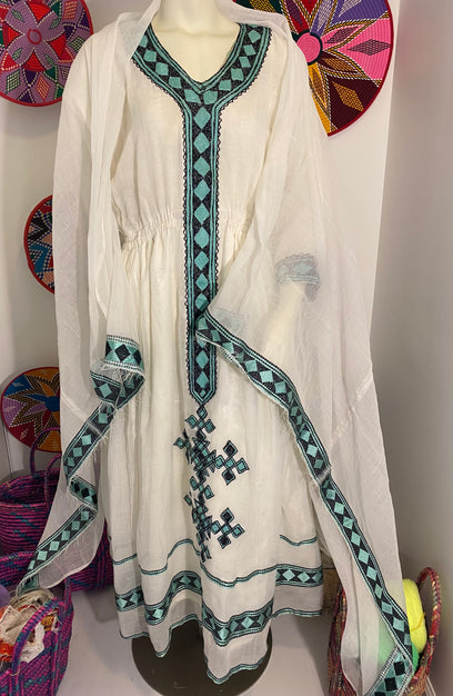 Habesha dress with Tiffany blue and black Tilet (የሐገር ባህል ልብስ) 