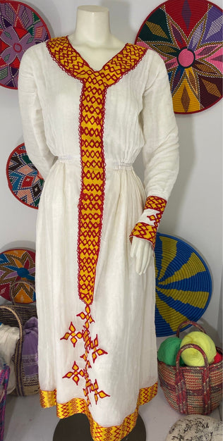 Habesha Dress with Red and Yellow Tilet (የሐገር ልብስ) “Agazy”