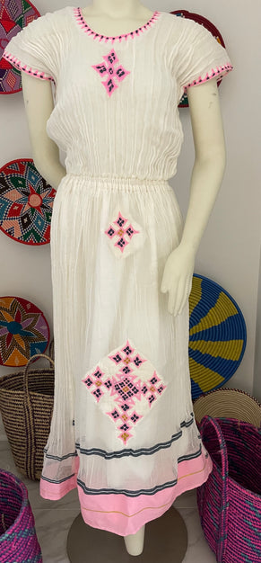 HABESHA DRESS with Pink tilet habesha kemis  (የሐገር ልብስ) “Roman”