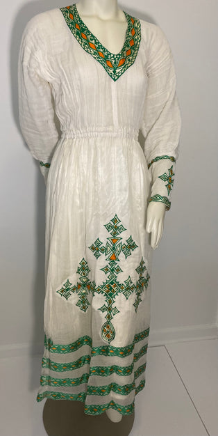 Habesha Dress with Green and Orange Tilet (የሐገር ልብስ) “Rahel”