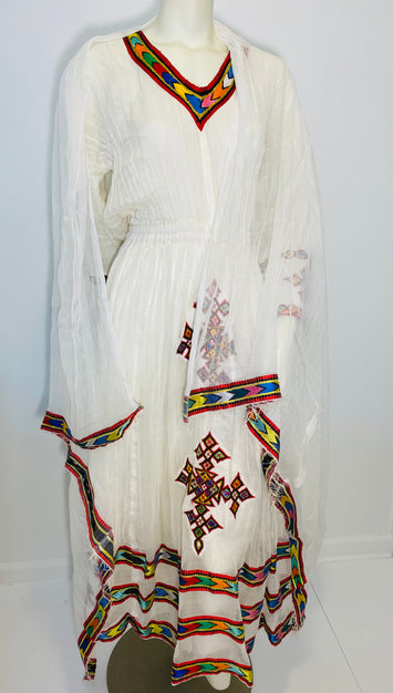 Habesha Dress with Red Tilet  (የሐገር ልብስ) “Selam”