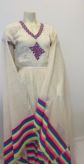 Habesha Dress with Multi Color Tilet  (የሐገር ልብስ) “Roman”