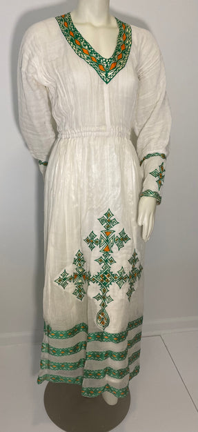 Habesha Dress with Green and Orange Tilet (የሐገር ልብስ) “Rahel”