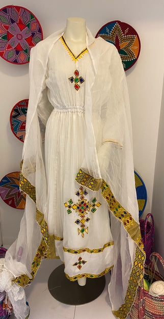 HABESHA DRESS W MultIcolored TIlet  (የሐገር ልብስ) “Addis”