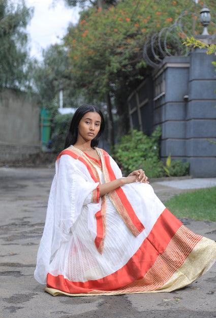 Habesha dress with gold and red Tilet “Hulu 1”