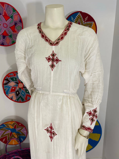 Traditional Habesha Dress with Burgundy Tilet  (የሐገር ልብስ) “Beliyou”