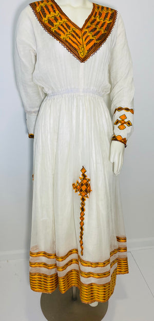 Habesha Dress with Brown and Orange Tilet  (የሐገር ልብስ) “Melat”