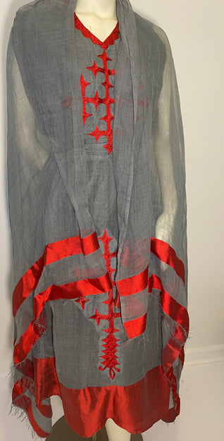 Habesha Dress with Grey menen and red Tilet  (የሐገር ልብስ)  “Mekdes”