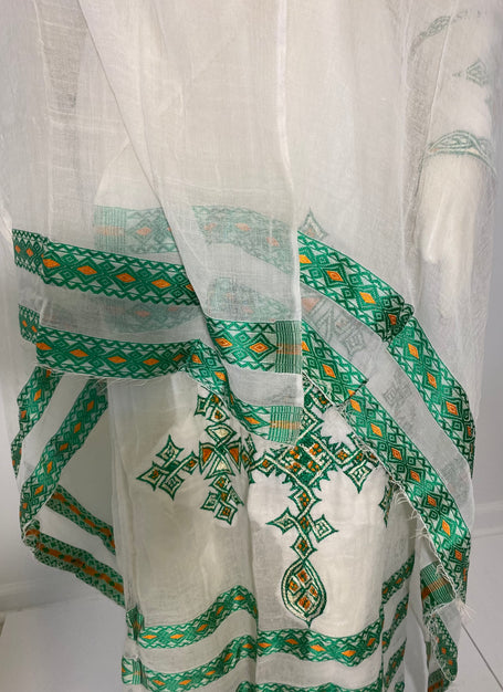 Habesha Dress with Green and Orange Tilet (የሐገር ልብስ) “Rahel”